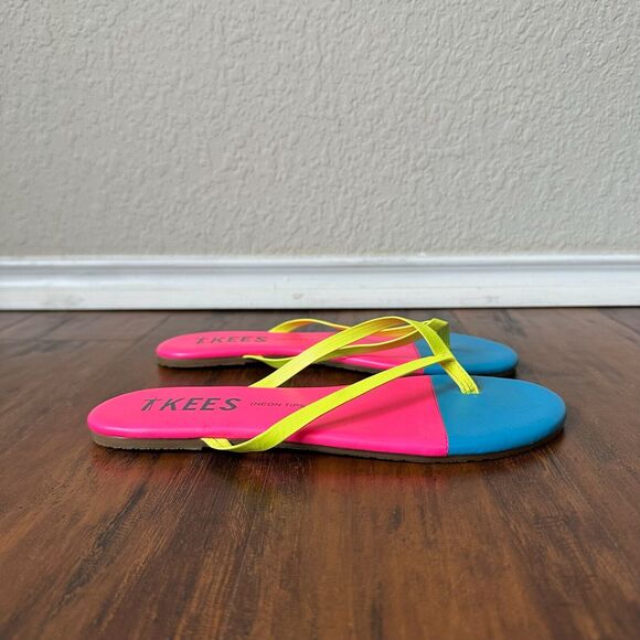 TKEES Neon Tips Flip Flop Sandals Pink Blue Leather Thong - Picture 2 of 9